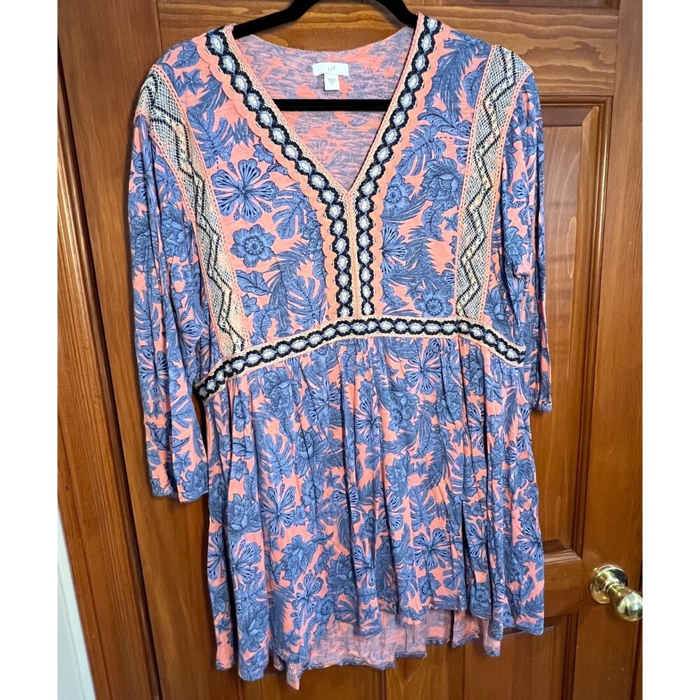 J Jill Tunic Top Womens M Embroidered Tropical Floral 3/4 Sleeve Coral Blue Boho
